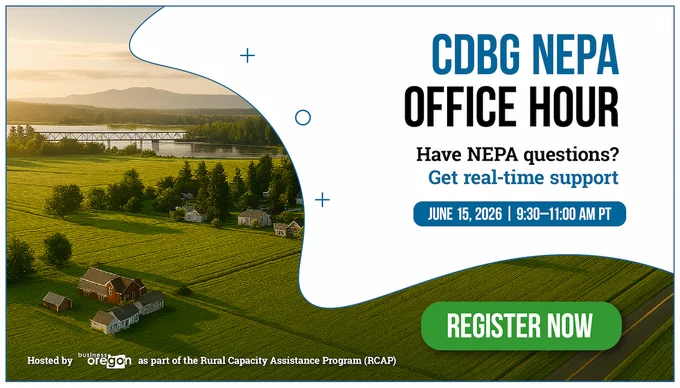 Graphic announcing the CDBG NEPA Office Hour on June 15 from 9:30–11:00 AM PT with a Register Now button.
