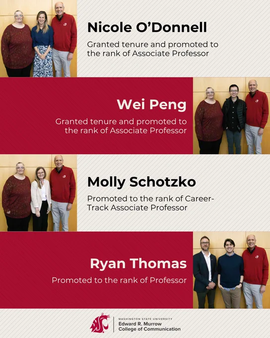 Nicole O'Donnell, Wei Peng, Molly Schotzko, and Ryan Thomas all pose with Dean Bruce Pinkleton and their corresponding department chair, either Stacey Hust or Ben Shors.  