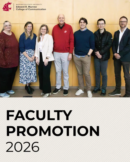 Seven faculty members stand side by side against a wooden wall at Washington State University's Edward R. Murrow College of Communication for a 2026 promotion photo.