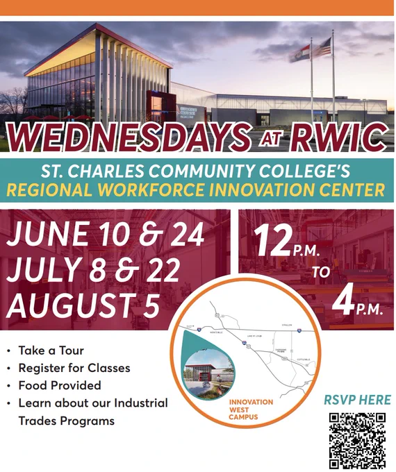 Promotional poster for St. Charles Community College's Regional Workforce Innovation Center. The poster includes a modern building image, event dates and times, and a map indicating the Innovation West Campus. Activities listed are tours, class registration, food, and industrial trades programs. RSVP option available.