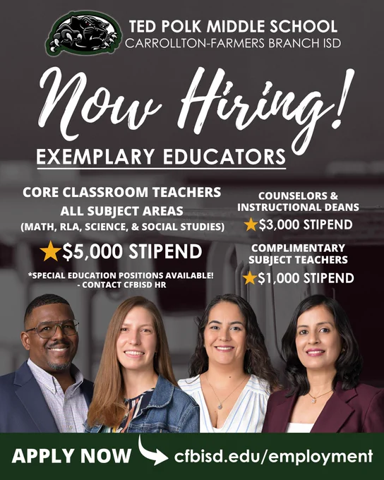 "Hiring poster for Ted Polk Middle School showing open positions for core classroom teachers, counselors, and instructional deans with stipends offered."