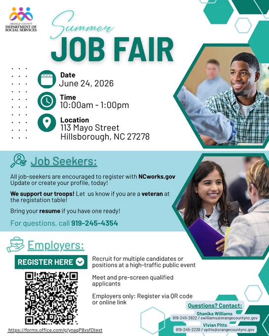 Flyer for a Summer Job Fair on June 24, 2026, from 10am to 1pm at 113 Mayo Street, Hillsborough, NC, hosted by Orange County Department of Social Services.