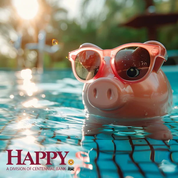Pink piggy bank wearing oversized sunglasses floating in a sunlit swimming pool with water ripples around it.
