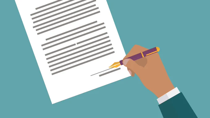 Illustration of a hand signing a document with a fountain pen on a teal background.