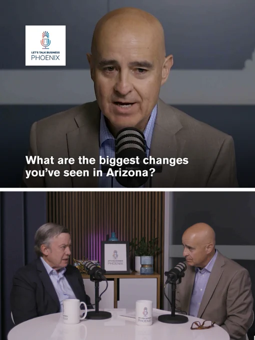 Two men in a podcast studio discussing major changes in Arizona, seated with microphones.