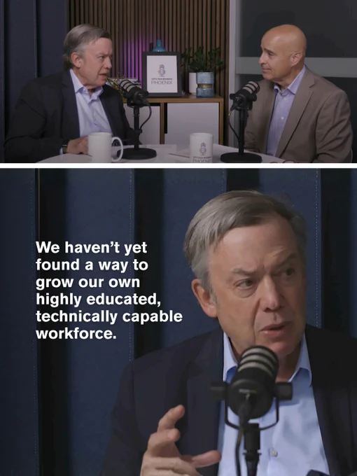 Two men in a professional podcast studio discussing workforce development.