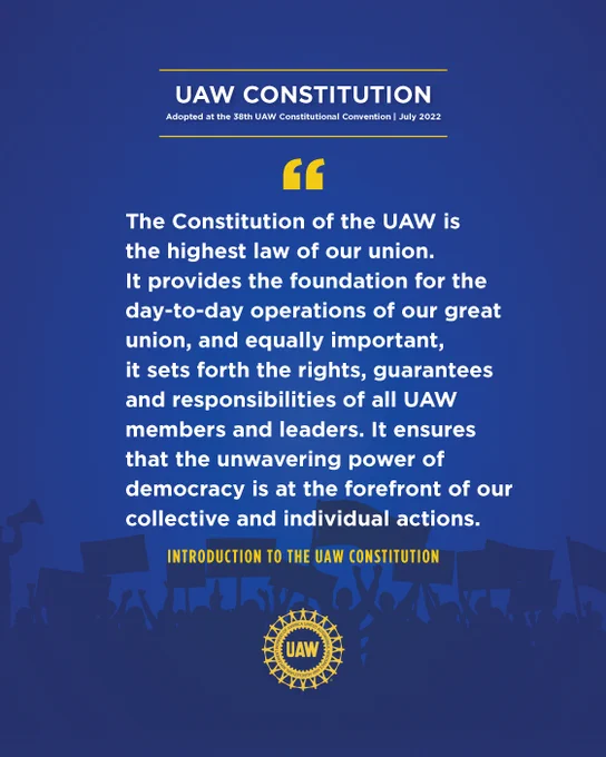 Text explaining the UAW Constitution as the highest law guiding union operations and member rights, adopted in July 2022.