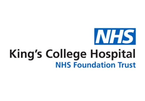 Logo of King's College Hospital NHS Foundation Trust with NHS blue emblem and hospital name in black and blue text.
