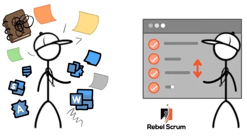Stick figure juggling various app icons and colorful notes, symbolizing multitasking and organization.
