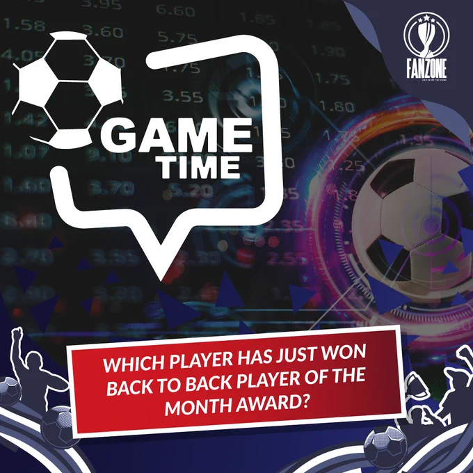 Colorful graphic with a football theme asking which player won back-to-back Player of the Month awards. Energetic and competitive mood.