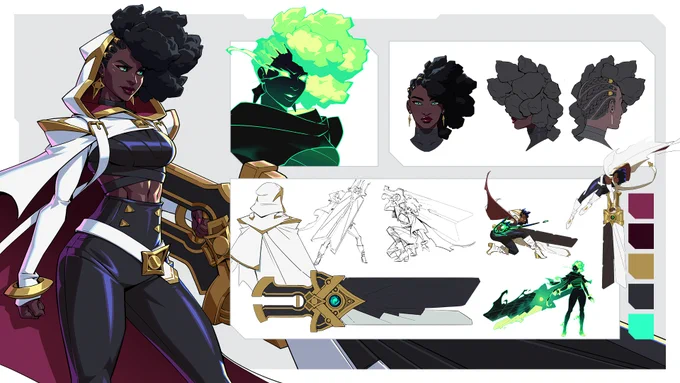 A selection of Senna art, including concepts for her design. A full-body illustration of her appears on the left. An illustration of her in wraith form appears in the middle. In the top right are various angles of her head/hairstyle, and sketches of her wielding her relic cannon in normal and wraith form as well as a close-up illustration of the relic cannon appear in the bottom right. Color palette swatches decorate the frame.