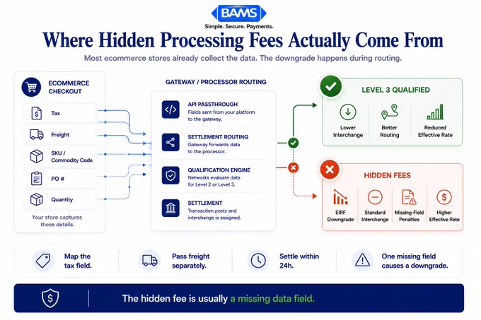 Editorial fintech infographic showing how hidden fees in processing are caused by missing Level 2 and Level 3 data fields that increase the effective processing rate.