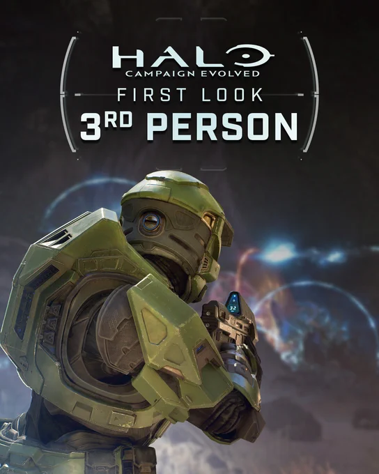 Master Chief stands against a rocky backdrop with blue energy waves in the background. The text reads 'HALO CAMPAIGN EVOLVED FIRST LOOK 3RD PERSON'.
