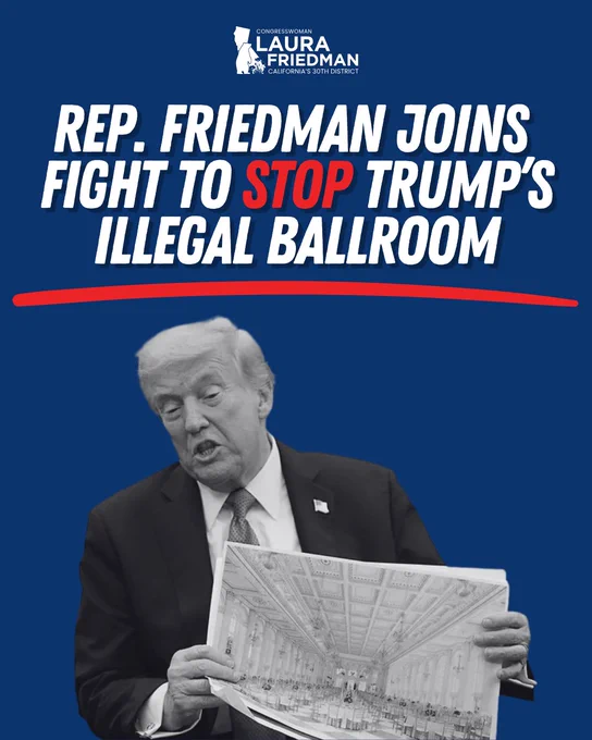 A political campaign image with text supporting Rep. Friedman in taking action against Trump's project. Features a serious and advocacy-driven tone.