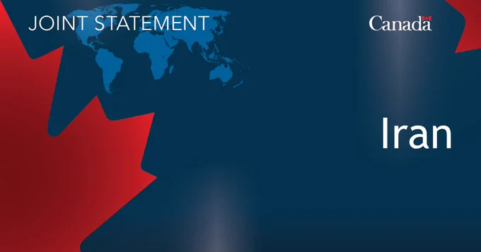 Image of the map of the world, with half of the maple leaf, and the Canada logo, with the following text overlayed: Joint statement Iran