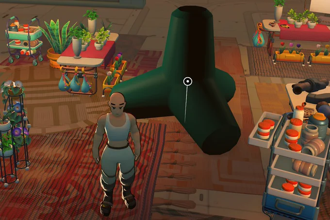 Image of default Sundog standing in a colorful market with a giant dark green jacks piece behind them.
