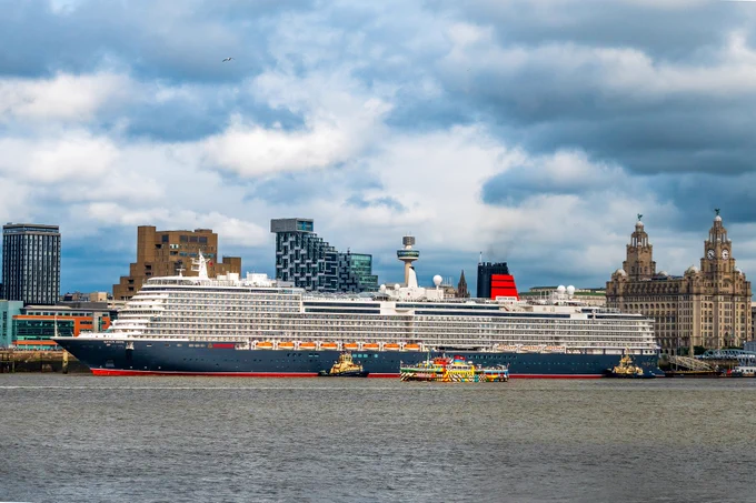 Cunard's Queen Anne docked in Liverpool.