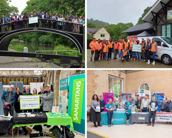 Collage of four photos. Clockwise from top left: a large group of people standing on a bridge on the Oxford Canal; a group of volunteers wearing orange hi-vis jackets outside Matlock Bath Station; a group of representatives from Yorkshire Coast CRP, Bishop Line CRP, Esk Valley Railway Development Company and LNER at a community rail showcase event at York Station; and a group of people from community rail partnerships across the East Midlands Railway region at a community rail showcase event at Sheffield Station.