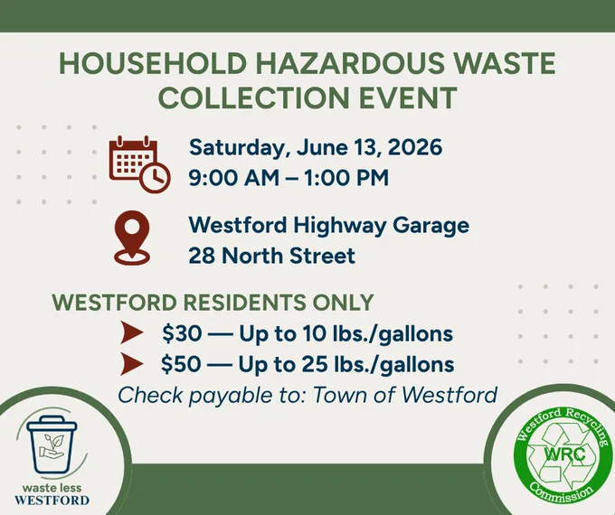 Graphic promoting a Household Hazardous Waste Collection Event for Westford residents. The event will take place on Saturday, June 13, 2026, from 9:00 AM to 1:00 PM at the Westford Highway Garage, 28 North Street. Disposal fees are $30 for up to 10 pounds/gallons and $50 for up to 25 pounds/gallons. Checks should be made payable to the Town of Westford. The graphic features calendar and location icons and includes the Waste Less Westford and Westford Recycling Commission logos in green and blue 