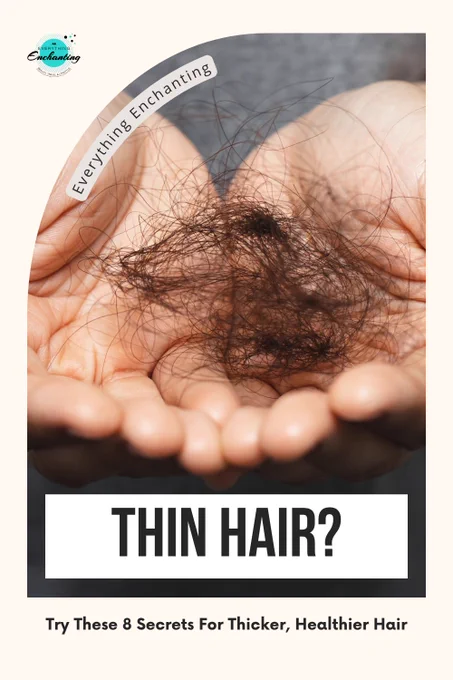 A  graphic for the file PIN-thin-hair-try-eight-secrets-for-thicker-fuller-hair-tips-guide-everything-enchanting-blog.jpg features an emotional close-up image of a person's cupped hands holding a large clump of shed dark hair, set within a curved arched frame. The top left corner displays the "Everything Enchanting" blog logo, with the brand name also written along the curve of the photo frame. The bottom portion of the graphic has a light beige background containing a bold black text box that asks "THIN HAIR?", followed by the subheading "Try These 8 Secrets For Thicker, Healthier Hair."