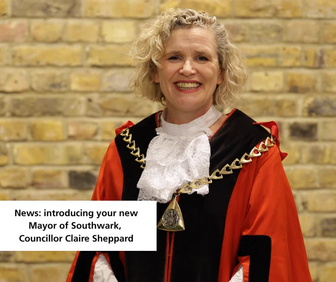 Councillor Claire Sheppard, the new Mayor of Southwark, smiles wearing mayoral robes and chain of office.