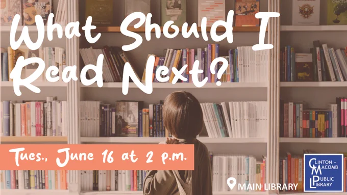 Woman contemplates book choices in a library aisle, highlighting the June 16 reading event at Clinton-Macomb Public Library.