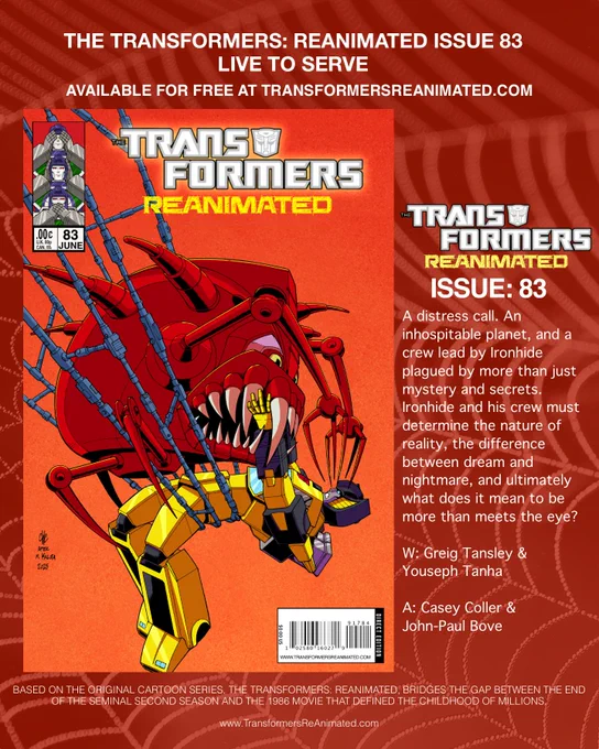 The cover for Transformers REANIMATED issue 83 features a Mecannibal trapping Sunstreaker in his legs with scary teeth and eyes.