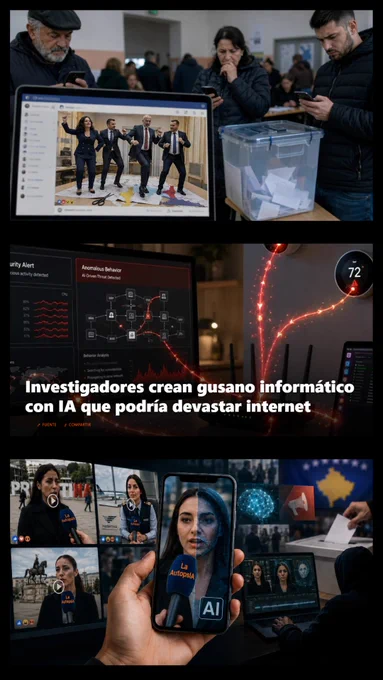 Collage periodístico vertical sobre riesgos reales de la IA. En la parte superior, varios votantes miran sus móviles junto a una urna transparente, mientras en una pantalla aparece una publicación falsa de aspecto electoral con políticos en una escena manipulada, sugiriendo desinformación y deepfakes durante unas elecciones. En el centro, un panel de ciberseguridad muestra alertas, gráficos rojos y conexiones anómalas; una línea luminosa atraviesa routers y dispositivos domésticos, representando un gusano informático creado o potenciado con IA capaz de propagarse por internet. En la parte inferior, varias pantallas y un móvil muestran supuestos vídeos de una reportera de LaAutopsIA, con rostro analizado por IA, símbolos de redes sociales, una urna y la bandera de Kosovo al fondo, evocando campañas coordinadas de vídeos falsos, propaganda digital y manipulación informativa.