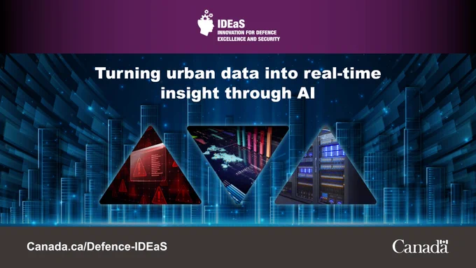 Digital triangular panels displaying data visualizations, city maps, and server racks against a futuristic blue background. Text on image: IDEaS - Innovation for Defence Excellence and Security. Turning urban data into real-time insight through AI.