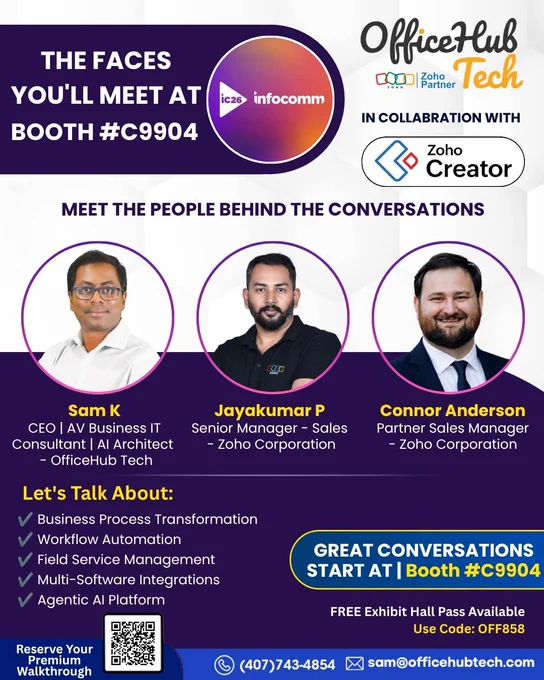 Technology is important, but great conversations are what create real business opportunities.

This year at InfoComm 2026, we're excited to welcome attendees to Booth #C9904, where you'll have the opportunity to connect directly with industry professionals from both OfficeHub Tech  and Zoho.

𝐌𝐞𝐞𝐭 𝐭𝐡𝐞 𝐭𝐞𝐚𝐦:

Kuzhalan Samydurai
CEO, OfficeHub Tech
AV Business IT Consultant | AI Architect | Author

Jayakumar Palani
Senior Manager – Sales, Zoho

Connor Anderson
Partner Sales Manager, Zoho

Whether you're exploring workflow automation, business process improvement, field service management, software integrations, Agentic AI Platform, or simply looking to get more value from your technology investments, we'd love the opportunity to connect.

Stop by the booth, share your challenges, discuss your goals, and let's explore what's possible together.

📍 Booth #C9904
📅 June 17–19, 2026
📍 Las Vegas, USA

🎟 FREE Exhibit Hall Pass Available : Use Code: OFF858