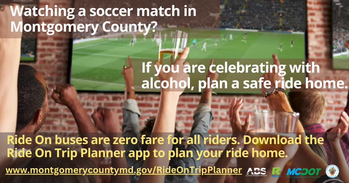 Group of friends watching a soccer game on TV, raising drinks, with a message about planning a safe ride home after drinking in Montgomery County.