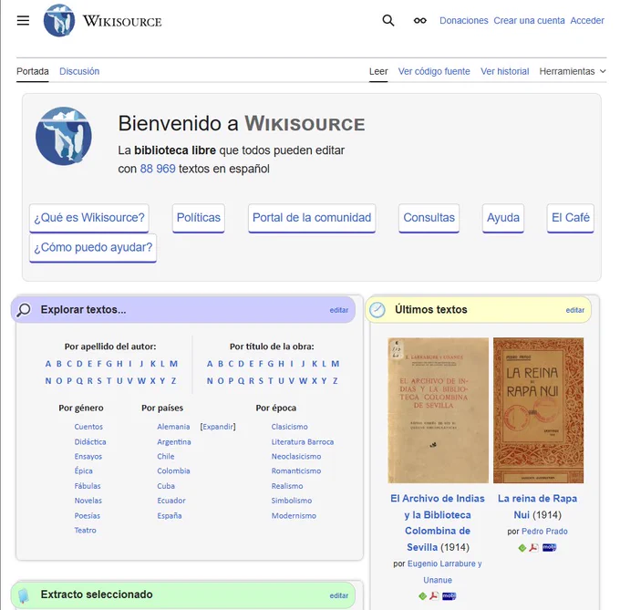 Wikisource homepage in Spanish, showcasing editable historical and literary texts, with options to explore by author and genre.