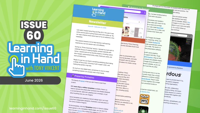 Graphic showing thumbnails of the contents of Issue 60 of the Learning in Hand Newsletter
