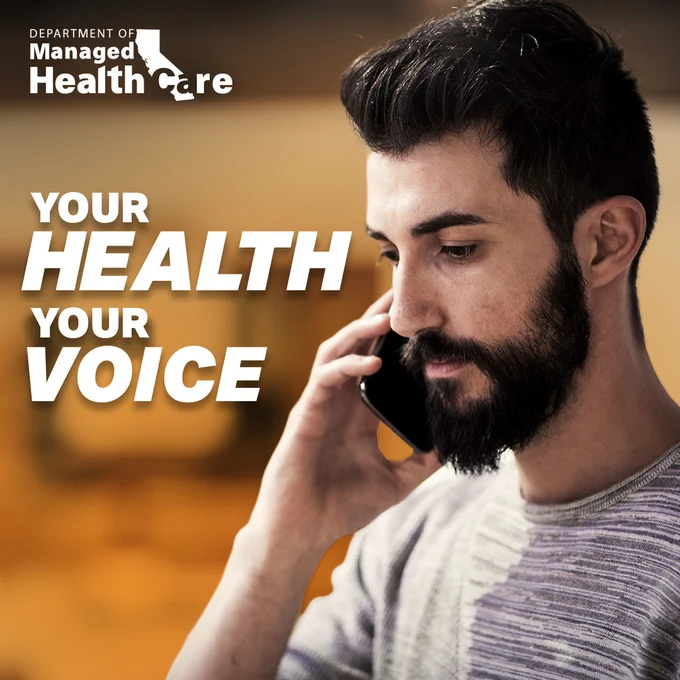 Man talking on the phone. Text overlay: YOUR HEALTH, YOUR VOICE.