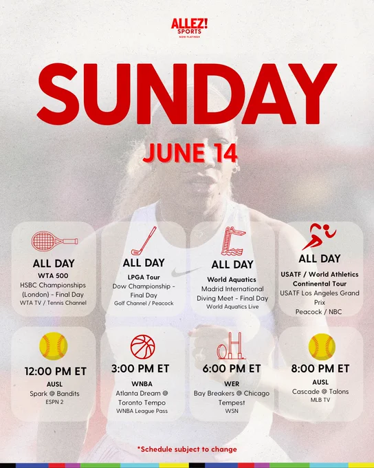 Sunday June 14 schedule graphic. Eight events: WTA 500 HSBC Championships London Final Day all day on WTA TV / Tennis Channel. LPGA Tour Dow Championship Final Day all day on Golf Channel / Peacock. World Aquatics Madrid International Diving Meet Final Day all day on World Aquatics Live. USATF / World Athletics Continental Tour LA Grand Prix all day on Peacock / NBC. AUSL Spark @ Bandits 12pm ET on ESPN 2. WNBA Atlanta Dream @ Toronto Tempo 3pm ET on League Pass. WER Bay Breakers @ Chicago Tempest 6pm ET on WSN. AUSL Cascade @ Talons 8pm ET on MLB TV.