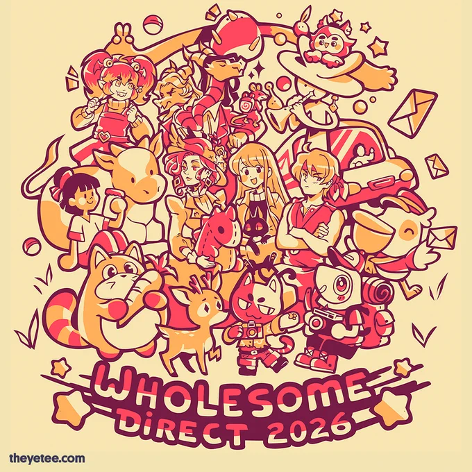 A circular group shot of many characters from games featured in Wholesome Direct 2026, above stylized text that says "Wholesome Direct 2026"