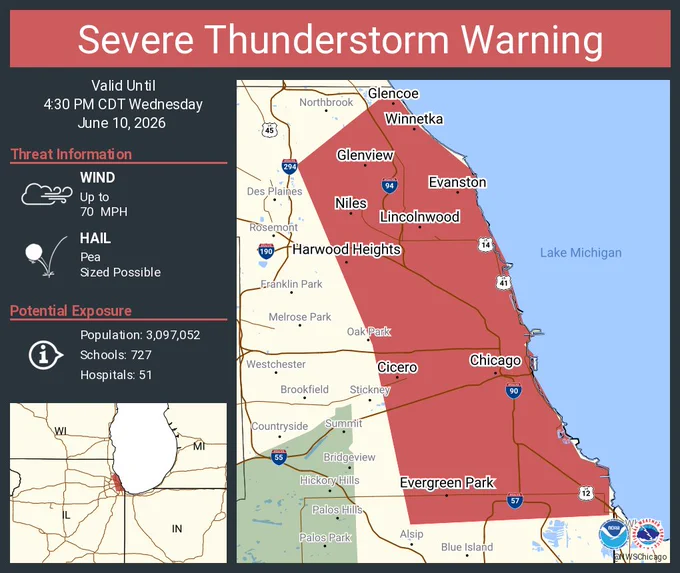 This graphic displays a severe thunderstorm warning plotted on a map. The warning is in effect until 4:30 PM CDT. The warning includes Chicago IL, Cicero IL and Evanston IL.  This warning is for Eastern Dupage County Is Cancelled. The threats associated with this warning are wind gusts up to 70 MPH and pea sized hail. There are 3,097,052 people in the warning along with 727 schools and 51 hospitals.
