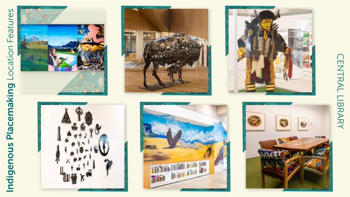 A series of Indigenous placemaking art installations are displayed on a pale yellow background. A design element resembling of Indigenous art borders the top and bottom. Text on the graphic reads: Indigenous Placemaking Location Features and Central Libary