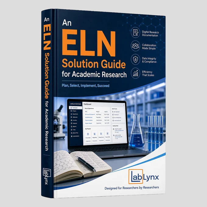 Book cover for 'An ELN Solution Guide for Academic Research' by LabLynx, with the title in orange and white over a dark navy background, alongside a laptop displaying the ELabELN dashboard and laboratory glassware.
