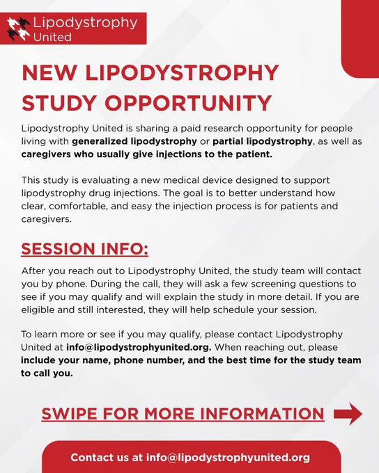  Flyer from Lipodystrophy United announcing a paid research opportunity for people living with generalized or partial lipodystrophy, as well as caregivers who typically administer injections. The study is evaluating a new medical device designed to support lipodystrophy drug injections and gather feedback on how clear, comfortable, and easy the injection process is. The flyer explains that interested participants should contact Lipodystrophy United, after which the study team will conduct a phone screening and schedule eligible participants. Contact information is provided, along with instructions to include a name, phone number, and preferred callback time.