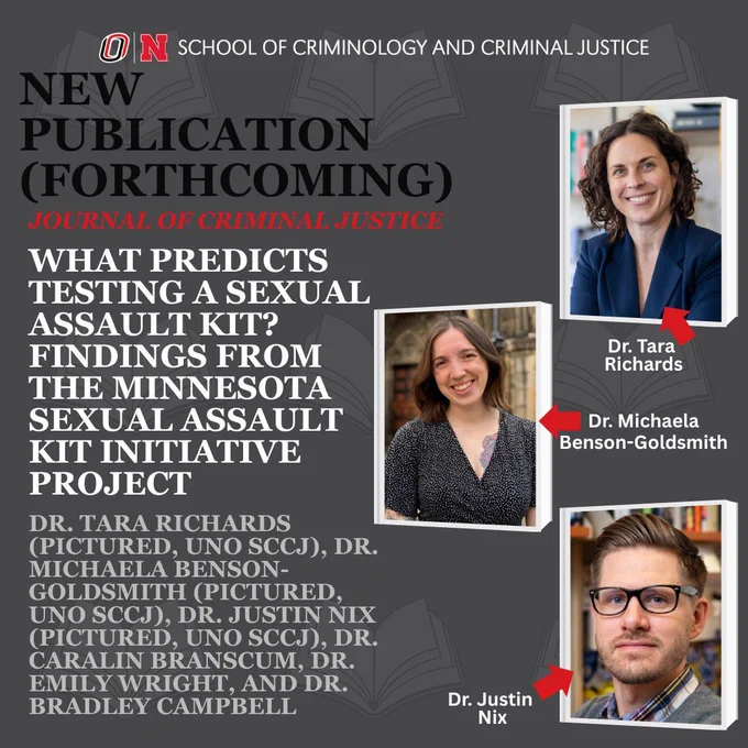 Dark gray background, open book graphics in background. SCCJ logo at top. Text reads: NEW PUBLICATION (FORTHCOMING), WHAT PREDICTS TESTING A SEXUAL ASSAULT KIT? FINDINGS FROM THE MINNESOTA SEXUAL ASSAULT KIT INITIATIVE PROJECT, DR. TARA RICHARDS (PICTURED, UNO SCCJ), DR. MICHAELA BENSON-GOLDSMITH (PICTURED, UNO SCCJ), DR. JUSTIN NIX (PICTURED, UNO SCCJ), DR. CARALIN BRANSCUM, DR. EMILY WRIGHT, AND DR. BRADLEY CAMPBELL. Photos of Tara, Michaela, and Justin with their names attached.