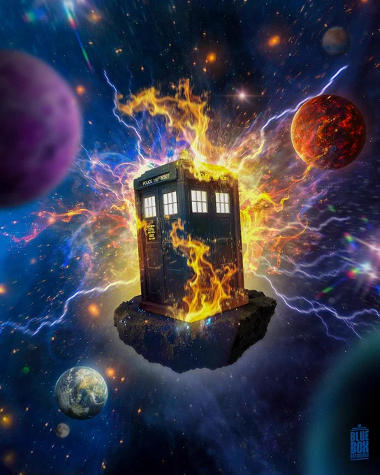 The TARDIS sits on a small asteroid in deep space. Surrounding it are multiple planets including Earth and Gallifrey. The TARDIS is emitting a burst of bright regeneration energy, radiating outward into space. The background is a starfield with distant nebulae.