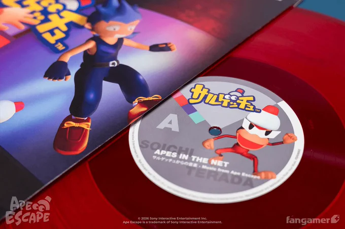 A closeup photo of the Apes in the Net EP, featuring six Soichi Terada tracks from Ape Escape, showing the red vinyl and the way the label art and the sleeve evoke the late-90s-era polygonal key art from the game. 