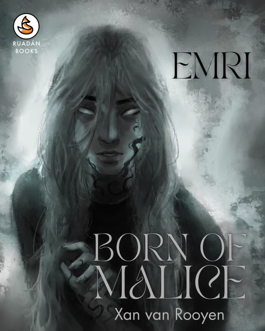 An illustration by locky0001 of a human in cool tones with long messy white hair and whited out eyes. Shadowy marks crawl across their skin. They’re dressed in dark clothing. Text on the image reads “Emri” and “Born of Malice, Xan van Rooyen.” The Ruadán Books logo is in the upper left.
