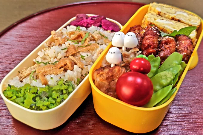 🌿混ぜ込みいなりごはん
🌿たまご焼き
🌿ｿｰｾｰｼﾞ ｹﾁｬｯﾌﾟ 🧀
🌿焼売揚げ焼き
🌿絹さや🫛🍅