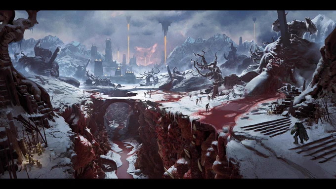 A stark landscape depicts a snowy valley with red rivers flowing through. In the distance, dark mountains loom under a stormy sky, while ruins of a city are faintly visible. Shadowy figures traverse the terrain. Concept art of "Hell's Core" from upcoming DLC for DOOM: The Dark Ages | Revelations.