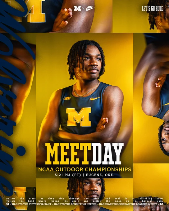 Michigan men's track and field meet day graphic featuring Quincy Isaac - June 10, 2026