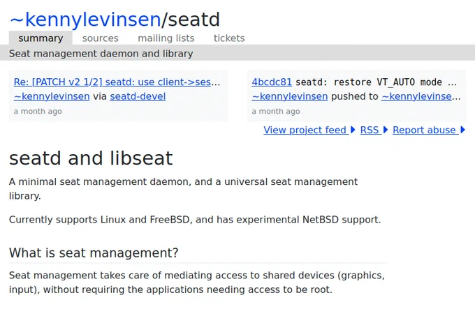 A screenshot of the seatd homepage at https://sr.ht/~kennylevinsen/seatd.