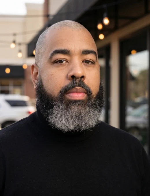 Dr. Richard D. Benson II the inaugural director of the Detroit Center for Black Studies with a black shirt on standing next to a building.