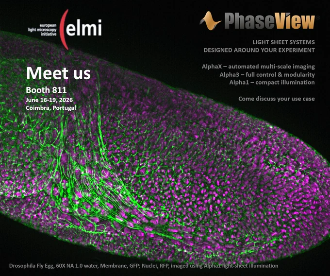 ELMI 2026 — Meet PhaseView at Booth 811

Light-sheet systems designed around real experimental workflows.

At PhaseView, we develop imaging solutions that adapt to your application — from highly modular configurations to fully automated, multi-scale imaging platforms.

🔬 Discover:
– Alpha3: full control & modularity  
– AlphaX: automated multi-scale imaging  
– Alpha1: compact light-sheet illumination  

📍 Booth 811  
📅 June 16–19, 2026  
📌 Coimbra, Portugal  

Let’s talk about your experiments.

#ELMI2026 #LightSheet #Microscopy #PhaseView